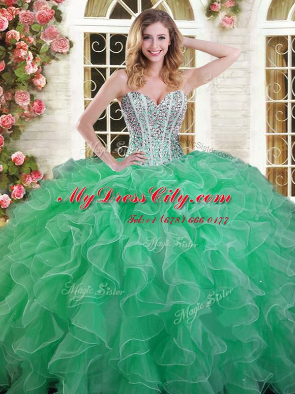 Cute Green Sleeveless Organza Lace Up 15 Quinceanera Dress for Military Ball and Sweet 16 and Quinceanera