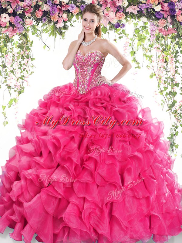 Luxurious Hot Pink 15 Quinceanera Dress Sweetheart Sleeveless Sweep Train Lace Up