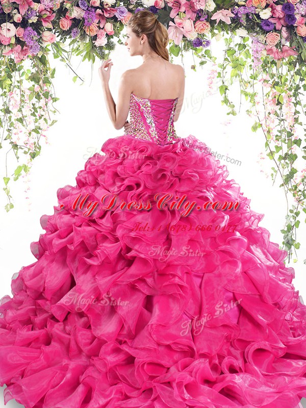 Luxurious Hot Pink 15 Quinceanera Dress Sweetheart Sleeveless Sweep Train Lace Up