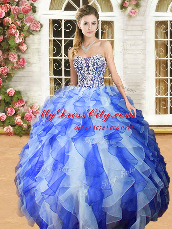 Floor Length Lace Up Quince Ball Gowns Blue And White for Military Ball and Sweet 16 and Quinceanera with Beading and Ruffles