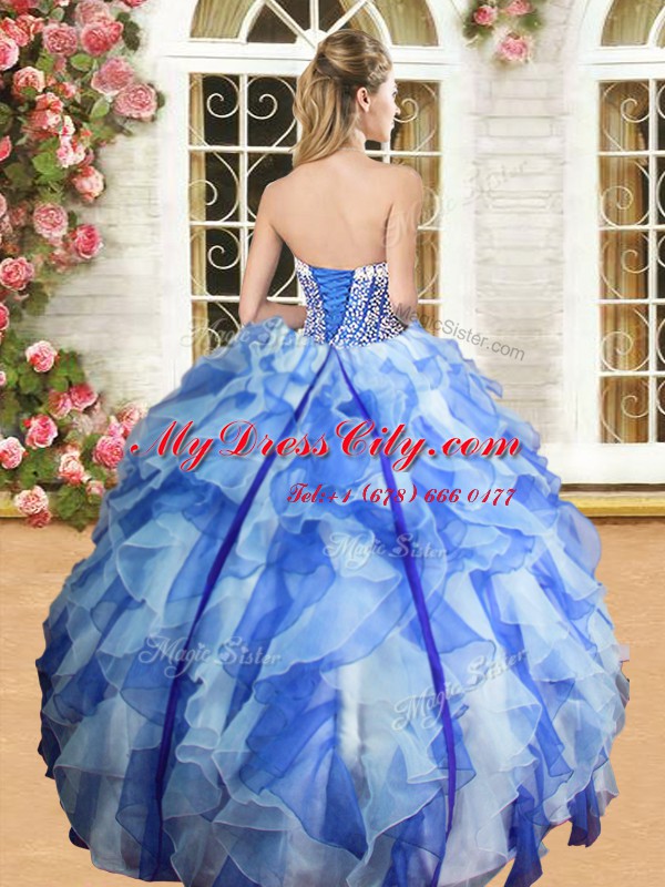 Floor Length Lace Up Quince Ball Gowns Blue And White for Military Ball and Sweet 16 and Quinceanera with Beading and Ruffles