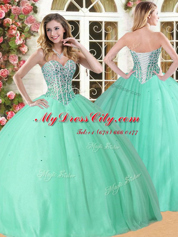 Apple Green Tulle Lace Up Sweetheart Sleeveless Floor Length 15th Birthday Dress Beading