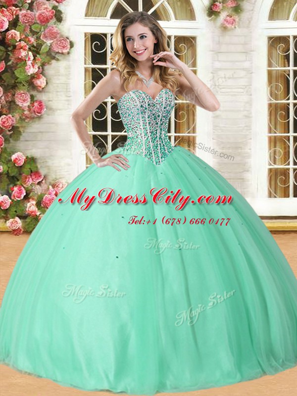 Apple Green Tulle Lace Up Sweetheart Sleeveless Floor Length 15th Birthday Dress Beading