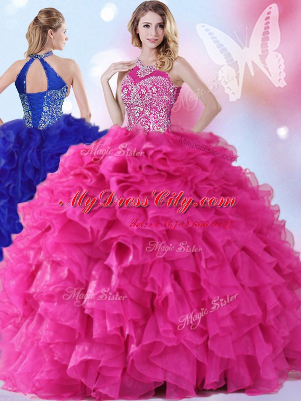 Cheap Hot Pink Halter Top Neckline Beading and Ruffles Sweet 16 Dresses Sleeveless Lace Up