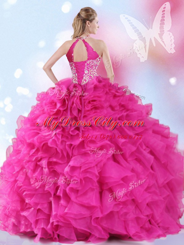 Cheap Hot Pink Halter Top Neckline Beading and Ruffles Sweet 16 Dresses Sleeveless Lace Up