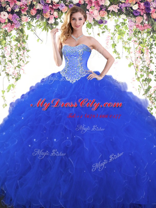 Royal Blue Tulle Lace Up Quinceanera Dress Sleeveless Floor Length Beading