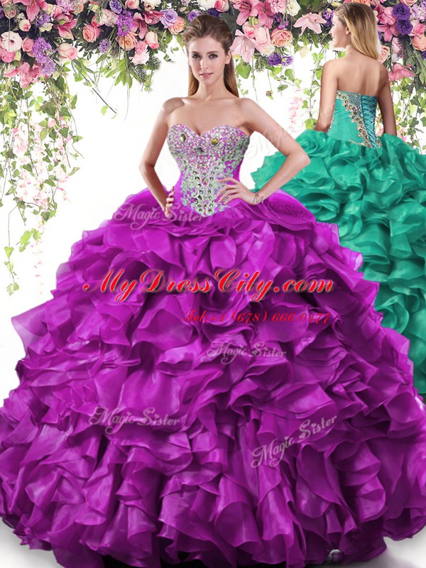 Inexpensive Purple Organza Lace Up Quinceanera Gown Sleeveless Floor Length Beading and Ruffles