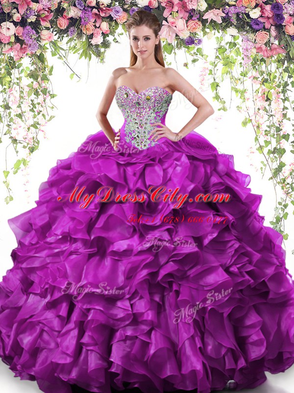 Inexpensive Purple Organza Lace Up Quinceanera Gown Sleeveless Floor Length Beading and Ruffles