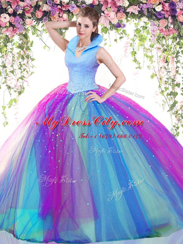 Backless Multi-color Sleeveless Beading Floor Length Quinceanera Dress