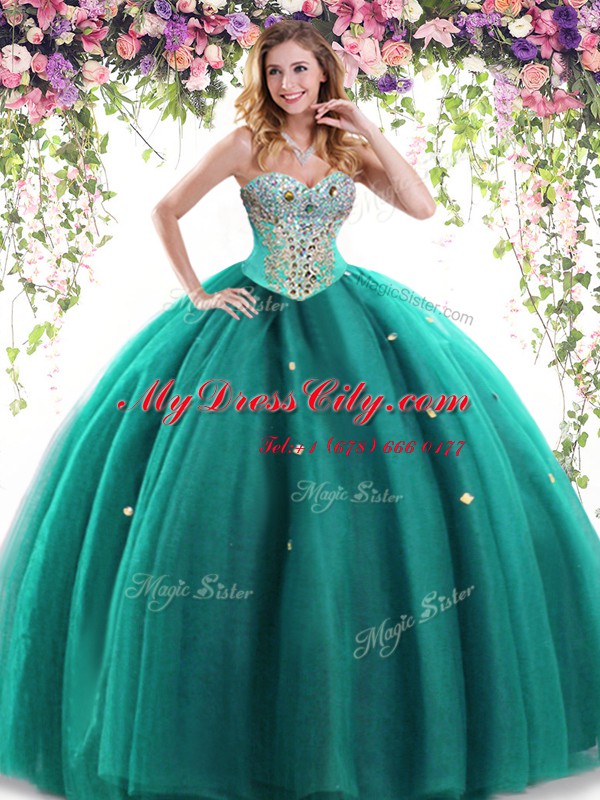 Dark Green Sleeveless Floor Length Beading Lace Up Sweet 16 Dress