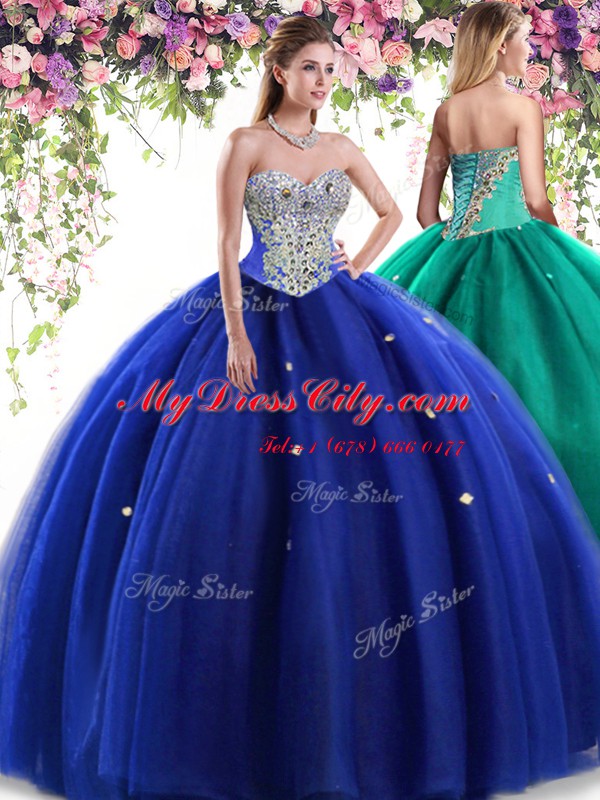 Royal Blue Sweetheart Lace Up Beading 15 Quinceanera Dress Sleeveless