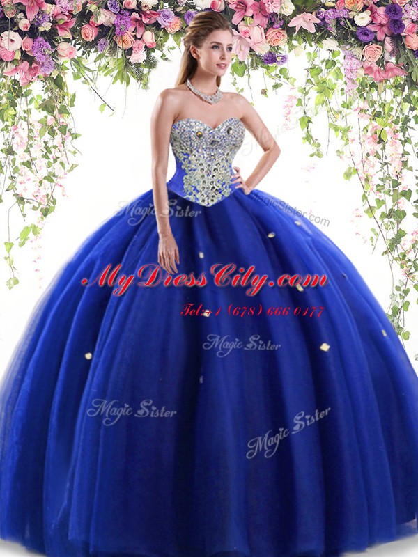 Royal Blue Sweetheart Lace Up Beading 15 Quinceanera Dress Sleeveless