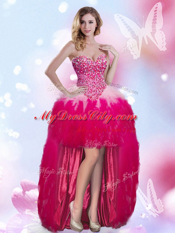 Chic Hot Pink Chiffon Zipper Sweetheart Sleeveless High Low Homecoming Dress Online Beading