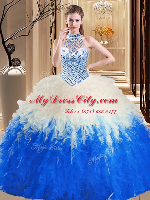 Halter Top Blue And White Sleeveless Tulle Lace Up Quinceanera Gowns for Military Ball and Sweet 16 and Quinceanera