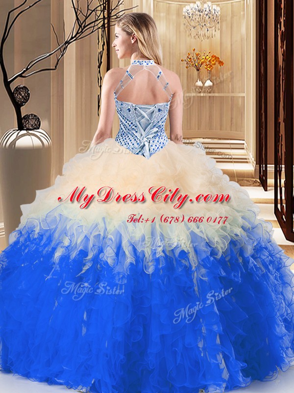 Halter Top Blue And White Sleeveless Tulle Lace Up Quinceanera Gowns for Military Ball and Sweet 16 and Quinceanera