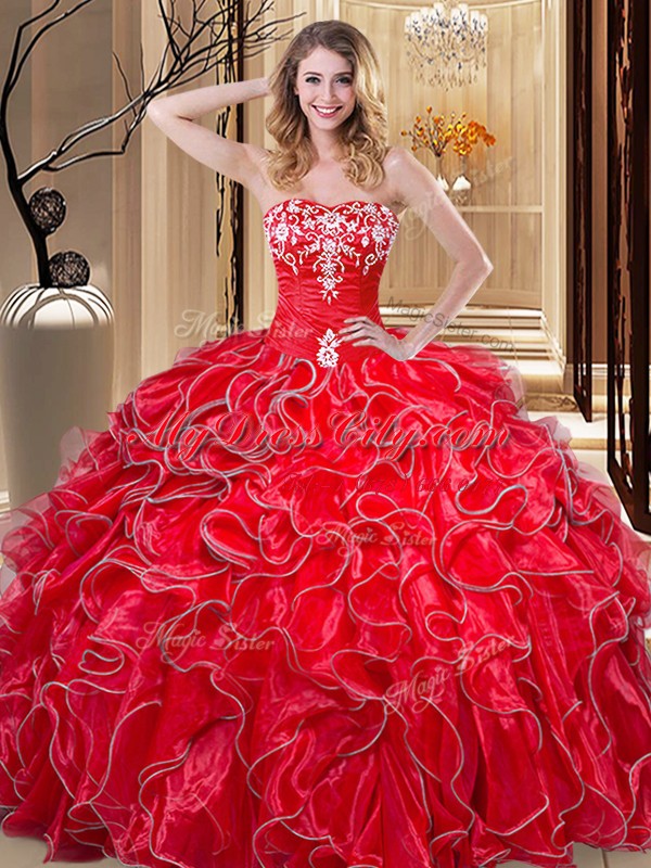 Sweetheart Sleeveless Organza Quinceanera Dress Embroidery and Ruffles Lace Up