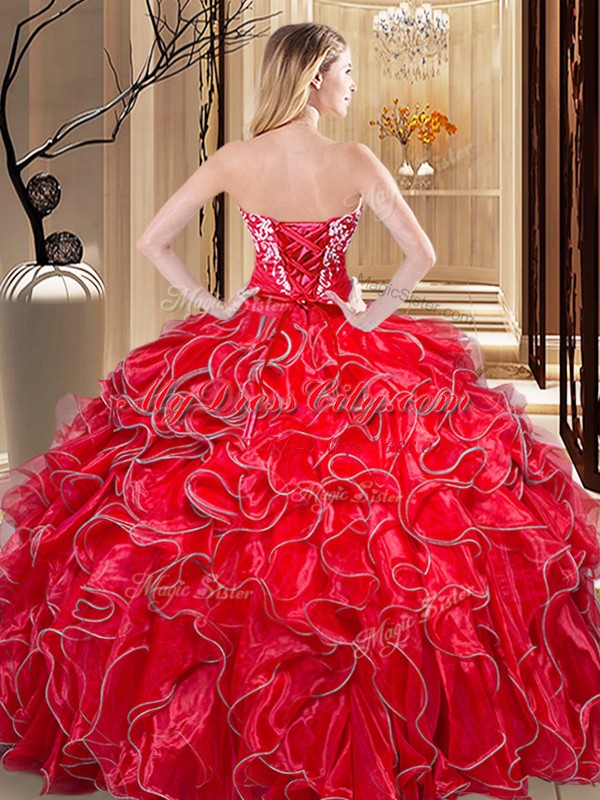 Sweetheart Sleeveless Organza Quinceanera Dress Embroidery and Ruffles Lace Up