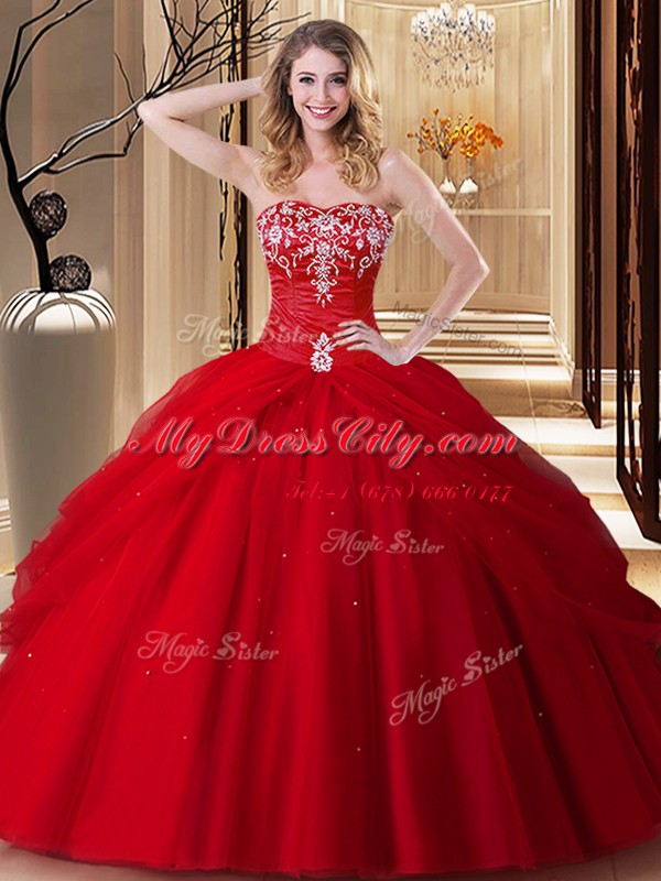 Beautiful Floor Length Lace Up Sweet 16 Dresses Red for Military Ball and Sweet 16 and Quinceanera with Embroidery