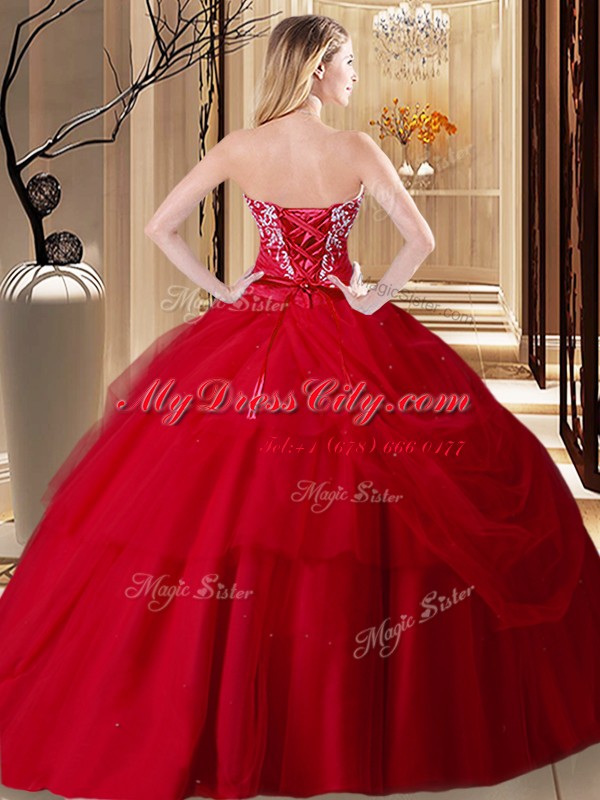 Beautiful Floor Length Lace Up Sweet 16 Dresses Red for Military Ball and Sweet 16 and Quinceanera with Embroidery