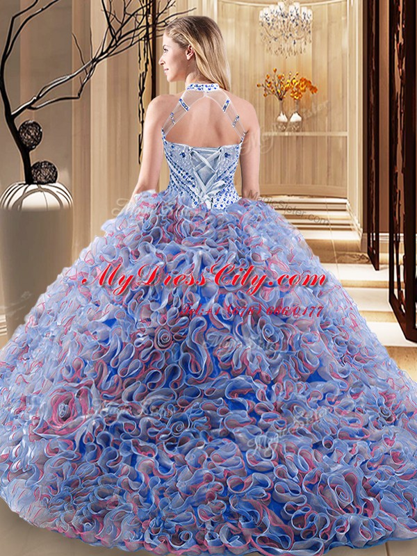 Halter Top Multi-color Sleeveless Brush Train Beading With Train Sweet 16 Dress