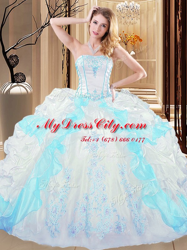 On Sale Blue And White Ball Gowns Strapless Sleeveless Organza Floor Length Lace Up Embroidery and Ruffled Layers 15th Birthday Dress