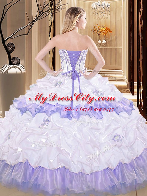 On Sale Blue And White Ball Gowns Strapless Sleeveless Organza Floor Length Lace Up Embroidery and Ruffled Layers 15th Birthday Dress