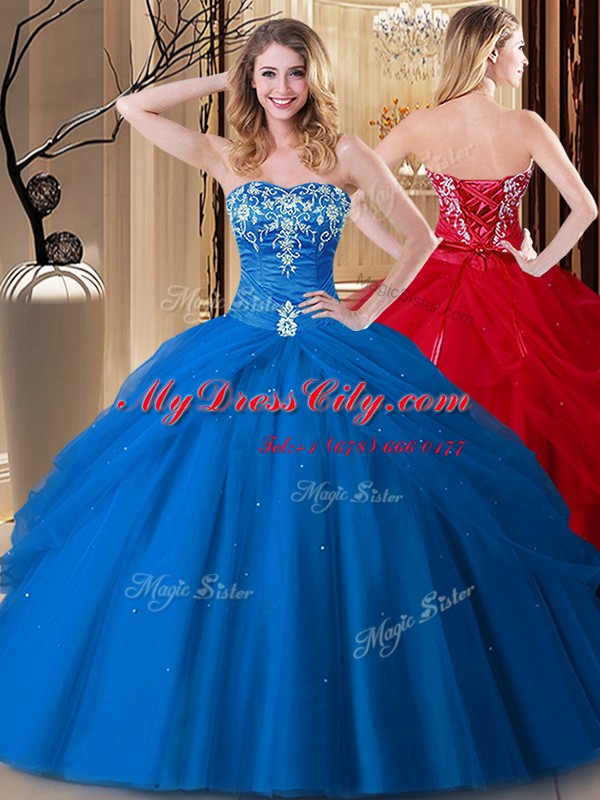 Most Popular Ball Gowns Quince Ball Gowns Royal Blue Sweetheart Tulle Sleeveless Floor Length Lace Up