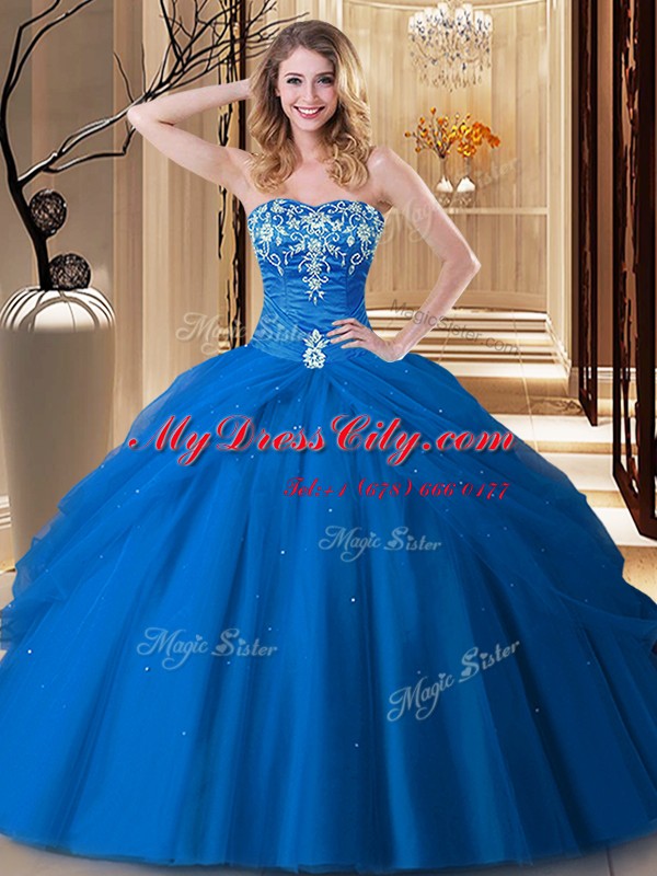 Most Popular Ball Gowns Quince Ball Gowns Royal Blue Sweetheart Tulle Sleeveless Floor Length Lace Up