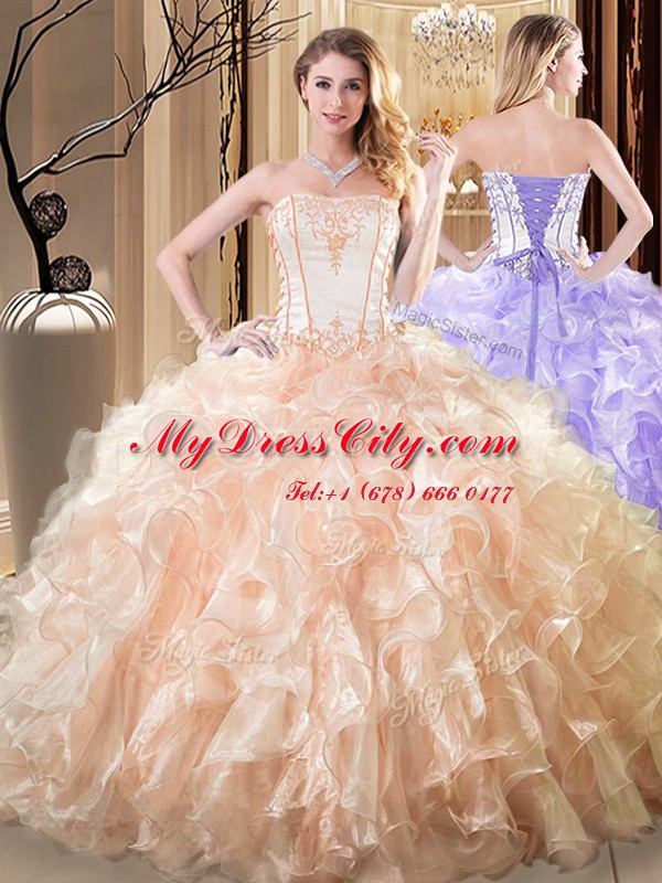 Yellow Sleeveless Floor Length Embroidery and Ruffles Lace Up Quinceanera Dress