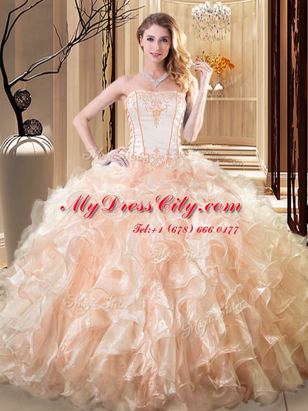 Yellow Sleeveless Floor Length Embroidery and Ruffles Lace Up Quinceanera Dress