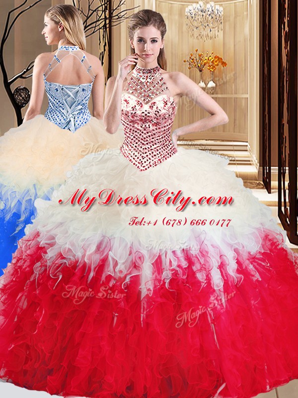 Beautiful Halter Top Floor Length White And Red Sweet 16 Dresses Tulle Sleeveless Beading and Ruffles