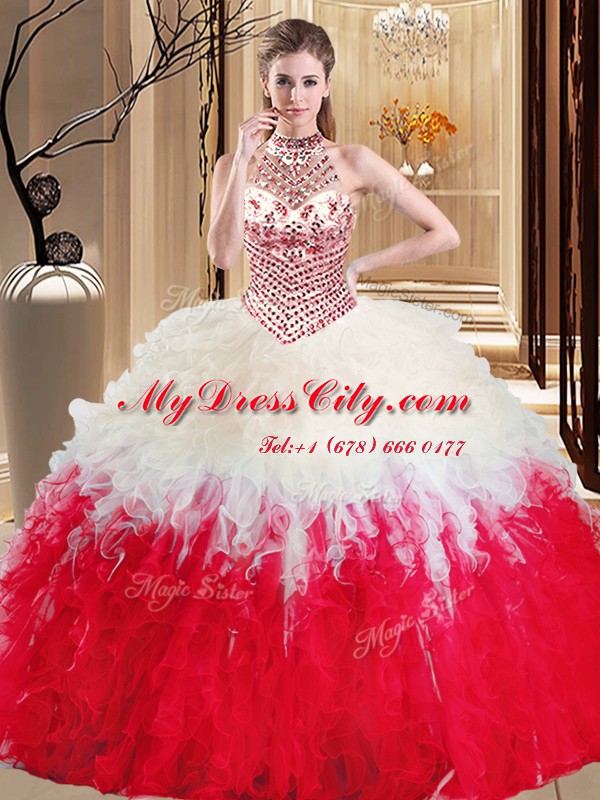 Beautiful Halter Top Floor Length White And Red Sweet 16 Dresses Tulle Sleeveless Beading and Ruffles