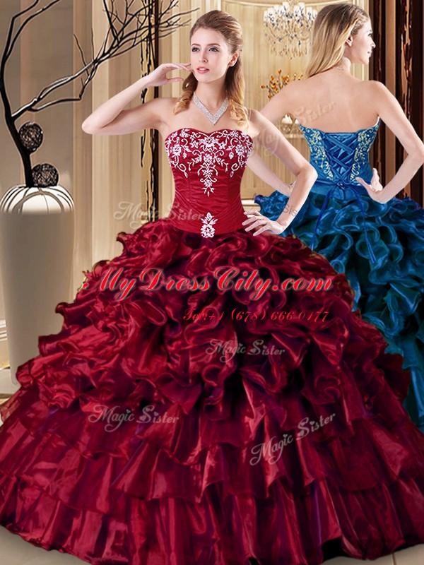 Unique Wine Red Lace Up Sweetheart Embroidery and Ruffles Sweet 16 Dresses Organza Sleeveless