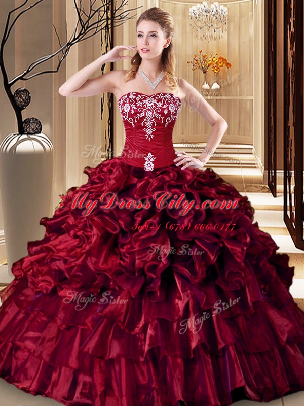 Unique Wine Red Lace Up Sweetheart Embroidery and Ruffles Sweet 16 Dresses Organza Sleeveless