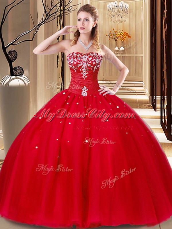 Floor Length Red Quinceanera Gown Tulle Sleeveless Beading and Embroidery