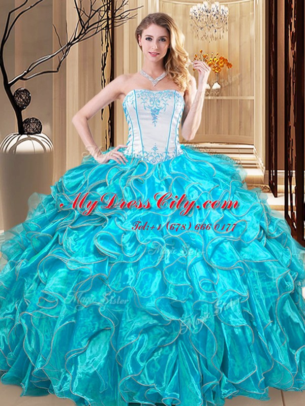 Embroidery and Ruffles Quinceanera Dress Teal Lace Up Sleeveless Floor Length