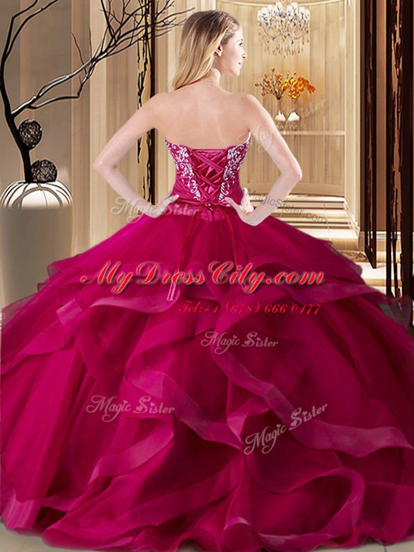 Enchanting Lace Up Sweetheart Embroidery and Ruffles Sweet 16 Dresses Tulle Sleeveless