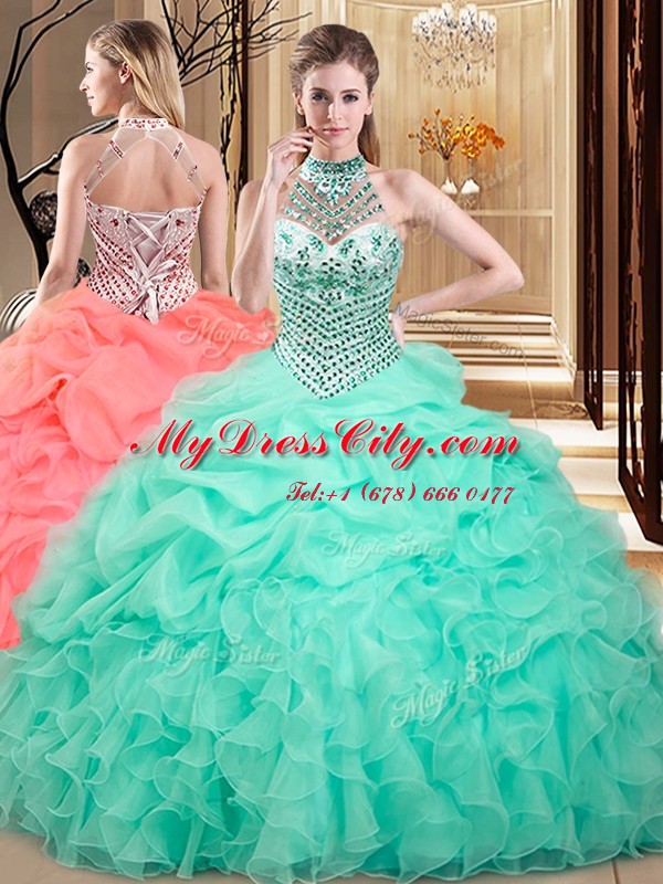 Halter Top Floor Length Apple Green Ball Gown Prom Dress Organza Sleeveless Beading and Ruffles and Pick Ups