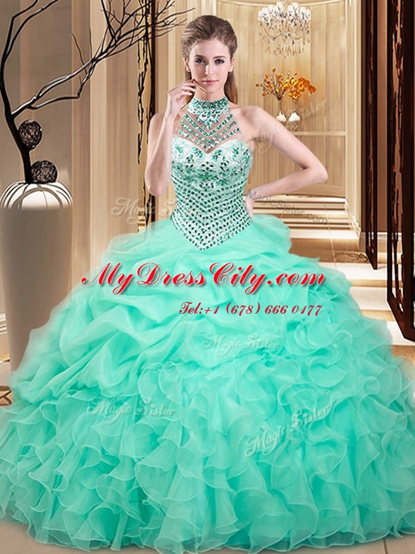 Halter Top Floor Length Apple Green Ball Gown Prom Dress Organza Sleeveless Beading and Ruffles and Pick Ups