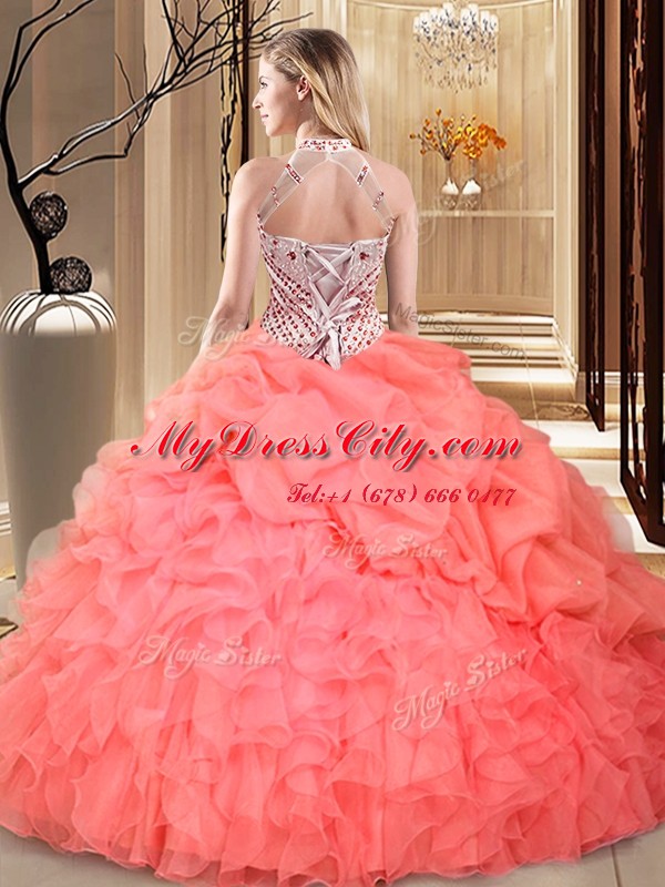 Halter Top Floor Length Apple Green Ball Gown Prom Dress Organza Sleeveless Beading and Ruffles and Pick Ups