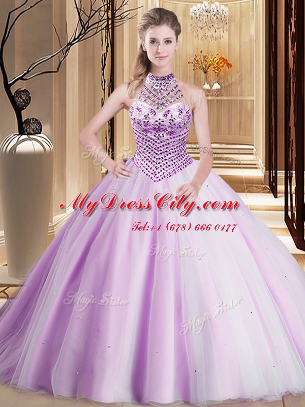 Customized Lilac Ball Gowns Halter Top Sleeveless Tulle Asymmetrical Brush Train Lace Up Beading Quinceanera Gown