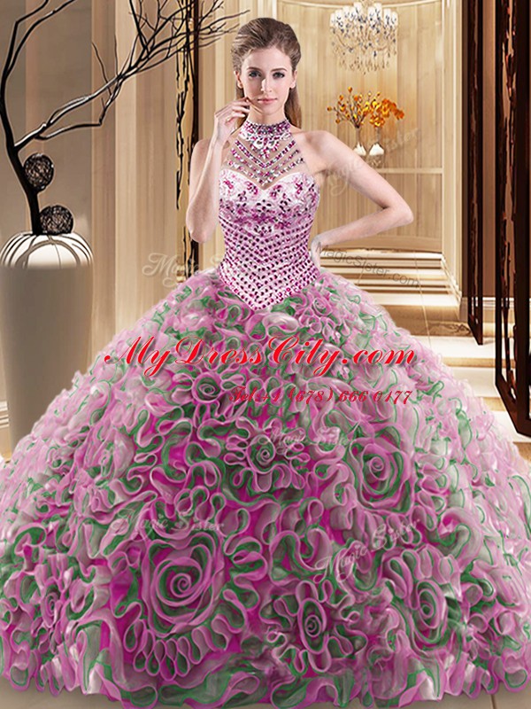 Fabric With Rolling Flowers Halter Top Sleeveless Brush Train Lace Up Beading Quince Ball Gowns in Multi-color