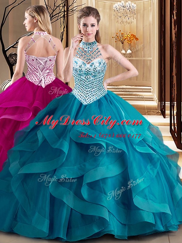 Teal Ball Gowns Halter Top Sleeveless Tulle With Brush Train Lace Up Beading and Ruffles Sweet 16 Dress