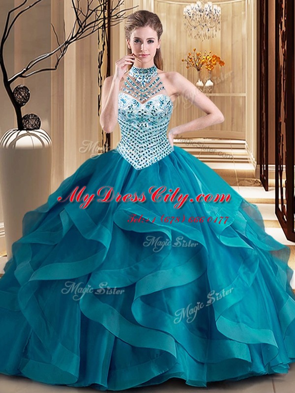 Teal Ball Gowns Halter Top Sleeveless Tulle With Brush Train Lace Up Beading and Ruffles Sweet 16 Dress