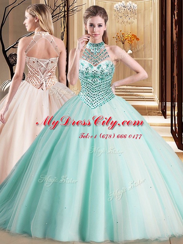 Halter Top Sleeveless With Train Beading Lace Up 15 Quinceanera Dress with Aqua Blue Brush Train