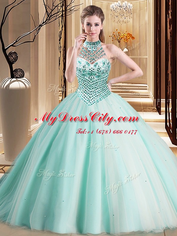 Halter Top Sleeveless With Train Beading Lace Up 15 Quinceanera Dress with Aqua Blue Brush Train