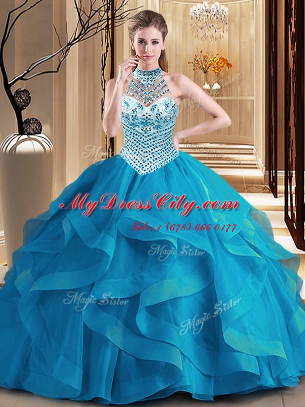 Modest Halter Top Sleeveless Brush Train Lace Up 15th Birthday Dress Blue Tulle