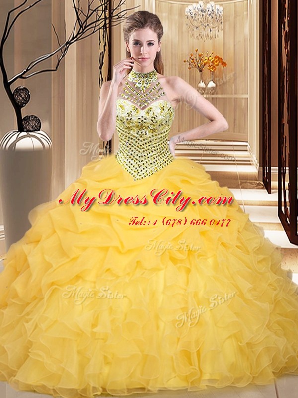 Halter Top Beading and Ruffles and Pick Ups Quinceanera Dress Yellow Lace Up Sleeveless Floor Length