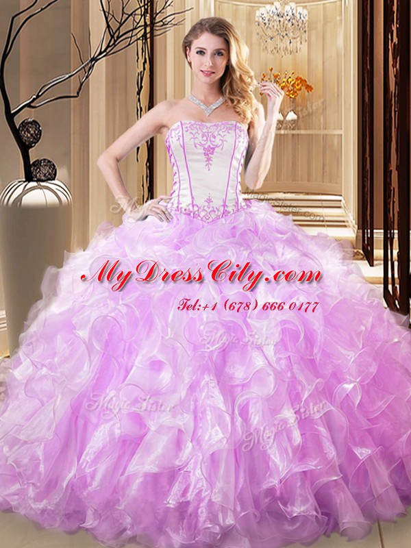 Pretty Lilac Strapless Lace Up Embroidery and Ruffles Ball Gown Prom Dress Sleeveless