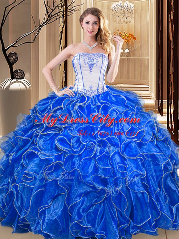 Adorable Strapless Sleeveless Lace Up 15 Quinceanera Dress Royal Blue Organza